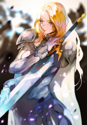 Rule 34 | 1girl, aekutie, armor, blonde hair, blue eyes, blurry, blurry background, cape, claymore (series), claymore (sword), female focus, galatea, highres, holding, holding sword, holding weapon, long hair, pauldrons, shoulder armor, solo, sword, weapon, white cape