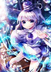 Rule 34 | 1girl, blue eyes, boat, bubble, hat, highres, itsumizu, long sleeves, looking at viewer, mononobe no futo, outstretched arm, pom pom (clothes), ponytail, shirt, silver hair, skirt, smile, solo, tate eboshi, touhou, upskirt, water, wide sleeves