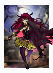 Rule 34 | 1girl, absurdres, alternate costume, asymmetrical legwear, blurry, border, breasts, bustier, cape, cleavage, depth of field, fangs, frilled skirt, frills, full body, garter straps, gauntlets, halloween, halloween costume, heterochromia, highres, hololive, hololive english, horns, irys (hololive), large breasts, long hair, mismatched legwear, necktie, night, night sky, open mouth, outdoors, pointy ears, purple eyes, red eyes, red hair, short necktie, skirt, sky, solo, star (sky), starry sky, thighhighs, torn cape, torn clothes, vampire costume, virtual youtuber, vyragami, white border