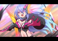 Rule 34 | 10s, 1girl, angry, blue hair, breasts, cleavage, crying, female focus, glowing, iris heart, kami jigen game neptune v, letterboxed, long hair, looking at viewer, mizunashi (second run), navel, neptune (series), open mouth, pururut, red eyes, solo, sword, symbol-shaped pupils, very long hair, weapon, wings