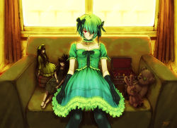 Rule 34 | 1girl, ayanami rei, black gloves, black pantyhose, black thighhighs, blue hair, bow, box, button eyes, buttons, choker, corset, couch, crack, curtains, doll, doll joints, dress, elbow gloves, flower, frilled thighhighs, frills, frown, gloves, green dress, hair bow, hair over one eye, hair ribbon, hat, highres, jewelry, joints, kobayashi yuji, looking at viewer, mini hat, mini top hat, neon genesis evangelion, pantyhose, railing, red eyes, ribbon, short hair, signature, sitting, solo, star (symbol), stuffed animal, stuffed rabbit, stuffed toy, sunlight, teddy bear, thighhighs, top hat, window