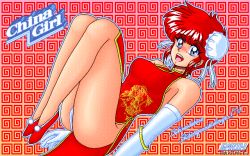 Rule 34 | 1990s (style), 1993, 1girl, 4bpp, bare shoulders, breasts, bun cover, china dress, chinese clothes, cosplay, dated, double bun, dress, earth (artist), elbow gloves, gender request, genderswap, gloves, hair bun, japanese text, medium breasts, no bra, outline, panties, pantyshot, patterned background, ranma-chan, ranma 1/2, red footwear, red hair, retro artstyle, romaji text, saotome ranma, shampoo (ranma 1/2), shampoo (ranma 1/2) (cosplay), shoes, short hair, side slit, smile, solo, text focus, translation request, underwear, white gloves, white panties