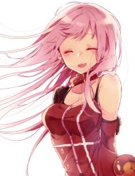 Rule 34 | 10s, 1girl, :d, arms behind back, bad id, bad pixiv id, breasts, character request, cleavage, collar, commentary request, detached sleeves, dress, closed eyes, facing viewer, happy, highres, long hair, medium breasts, merc storia, naoton, open mouth, pink hair, red dress, simple background, smile, solo, teeth, upper body, white background, wind, wind lift