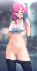 Rule 34 | 1girl, absurdres, arknights, blue poison (arknights), braid, breasts, cleft of venus, clothes pull, groin, highres, medium breasts, navel, no panties, pants, pants pull, pants rolled up, phone, pink hair, pussy, selfie, smile, solo, sports bra, standing, sweat, sweatpants, uncensored, z.taiga