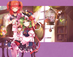 Rule 34 | 2girls, bird, birdcage, black skirt, blue eyes, book, cage, chair, cup, curtains, closed eyes, flower, flower pot, frilled skirt, frills, green hair, long sleeves, looking at viewer, multiple girls, onozuka komachi, red hair, shelf, shiki eiki, short hair, skirt, smile, table, teacup, touhou, twintails, two side up, window, yamadori ofuu