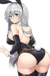 Rule 34 | 1girl, absurdres, animal ears, ass, black hairband, black leotard, black thighhighs, blue eyes, breasts, detached collar, detached sleeves, fake animal ears, grey hair, hairband, highres, large breasts, leotard, long hair, original, playboy bunny, rabbit ears, rabbit tail, simple background, solo, strapless, strapless leotard, suiroh (shideoukami), tail, thighhighs, white background, wrist cuffs