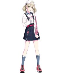 Rule 34 | 1girl, :d, azusawa kohane, backwards hat, baseball cap, belt, blonde hair, blue socks, brown eyes, full body, hand on own chest, hat, highres, kneehighs, long sleeves, looking at viewer, non-web source, official art, open mouth, pink footwear, project sekai, shirt, shoes, short twintails, skirt, smile, sneakers, socks, solo, suspender skirt, suspenders, tachi-e, transparent background, twintails, white hat, white shirt, zipper skirt