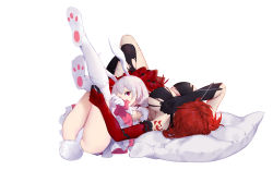 Rule 34 | 2girls, animal ears, asa ni haru, ass, asymmetrical gloves, breasts, cleavage, dress, dressing, elbow gloves, fox ears, gloves, hair ornament, highres, honkai (series), honkai impact 3rd, large breasts, legs up, lying, medium hair, mismatched gloves, multiple girls, murata himeko, murata himeko (blood rose), on back, open mouth, panties, pillow, ponytail, rabbit ears, rabbit tail, red eyes, red gloves, red hair, short hair, simple background, tail, theresa apocalypse, theresa apocalypse (sakuno rondo), thighhighs, underwear, white background, white dress, white panties