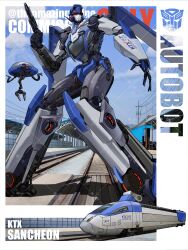 Rule 34 | arm at side, autobot, blue sky, cloud, commission, day, drone, gun, hand up, highres, holding, holding gun, holding weapon, kamitoge supino, korea, looking afar, looking to the side, mecha, no humans, open hand, original, outdoors, parted lips, power lines, railroad tracks, red eyes, robot, science fiction, sky, standing, teeth, train, train station, train station platform, transformers, twitter username, utility pole, watermark, weapon