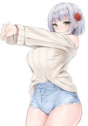 Rule 34 | 1girl, absurdres, alternate costume, blue shorts, blush, braid, braided bangs, casual, commentary, cowboy shot, denim, denim shorts, flower, genshin impact, green eyes, hair flower, hair ornament, high-waist shorts, highres, interlocked fingers, long sleeves, looking at viewer, noelle (genshin impact), off-shoulder sweater, off shoulder, outstretched arms, red flower, red rose, ribbed sweater, rose, shengtian, shirt tucked in, short hair, shorts, silver hair, solo, stretching, sweater, white background