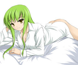 Rule 34 | 00s, 1girl, ass, blanket, c.c., code geass, collared shirt, dress shirt, green hair, long sleeves, looking at viewer, lying, no panties, on stomach, ryuushou, shirt, sidelocks, simple background, solo, white background, white shirt, yellow eyes