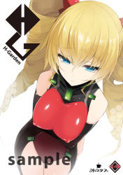 Rule 34 | 10s, 1girl, bad id, bad pixiv id, bare shoulders, black gloves, blonde hair, blue eyes, breast hold, breasts, claire harvey, covered erect nipples, crossed arms, drill hair, elbow gloves, female focus, from above, gloves, hundred (light novel), impossible clothes, large breasts, leotard, long hair, minono aki, sample watermark, simple background, solo, twin drills, twintails, watermark, white background