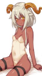 Rule 34 | 1girl, ?, absurdres, animal ear fluff, animal ears, arknights, bare arms, bare shoulders, bed sheet, beeswax (arknights), blush, breasts, closed mouth, dark-skinned female, dark skin, grey hair, hair between eyes, highres, horns, konigstigerchan, leotard, navel, sitting, skindentation, small breasts, smile, solo, spoken question mark, strapless, strapless leotard, twitter username, white background, white leotard, yellow eyes