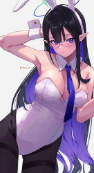 Rule 34 | 1girl, absurdres, alternate costume, animal ear hairband, animal ears, arm behind head, arm up, armpits, black hair, black pantyhose, blue archive, blue eyes, blue hair, blue necktie, blush, breasts, cleavage, colored inner hair, covered navel, detached collar, fake animal ears, glasses, hairband, halo, highres, large breasts, leotard, long hair, looking at viewer, multicolored hair, necktie, pantyhose, playboy bunny, pointy ears, rabbit ear hairband, rabbit ears, rimless eyewear, rin (blue archive), sakasa. (sakasailst), simple background, straight hair, strapless, strapless leotard, twitter username, two-tone hair, very long hair, white background, white leotard, wrist cuffs