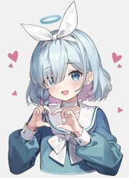 Rule 34 | arona (blue archive), blue archive, blue halo, blue pupils, blue serafuku, blush, bow hairband, braid, choker, commentary, finger heart, hair over one eye, hairband, halo, heart, highres, long sleeves, looking at viewer, neckerchief, puffy sleeves, sailor collar, school uniform, serafuku, short hair, single braid, soybean (hisoybean), symbol-only commentary, upper body, white background, white choker, white hair, white hairband, white neckerchief, white sailor collar