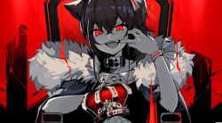 Rule 34 | 1girl, animal ears, barbed wire, black collar, black nails, brown hair, coat, collar, crown, dark talker, fur-trimmed coat, fur trim, highres, holding, holding crown, hololive, king (vocaloid), limited palette, nail polish, natsuiro matsuri, open mouth, red eyes, solo, teeth, unworn crown, upper teeth only, virtual youtuber, vocaloid