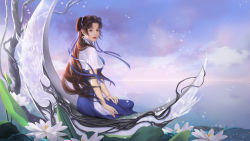 Rule 34 | 1girl, absurdres, bad link, bare tree, blue dress, brown hair, chinese clothes, crescent, double bun, dress, expressionless, flower, hair bun, highres, horizon, long hair, ribbon, short sleeves, sitting, solo, tree, upper body, water, xianjian qixia zhuan, zhao linger