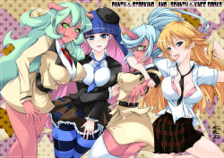 Rule 34 | 10s, 4girls, :p, ahoge, alternate costume, arm around neck, belt, beret, blazer, blonde hair, blue eyes, blue hair, bra, breasts, character name, cleavage, colored skin, demon girl, fangs, framed, frilled sleeves, frills, glasses, green eyes, green hair, hakaioh (shining wizard), hat, horns, impossible clothes, jacket, kneesocks (psg), large breasts, long hair, long sleeves, looking at viewer, midriff, multicolored hair, multiple girls, necktie, outstretched hand, panty &amp; stocking with garterbelt, panty (psg), pink hair, plaid, plaid skirt, pointy ears, ponytail, red skin, scanty (psg), school uniform, siblings, silver hair, single horn, sisters, skirt, smile, star (symbol), starry background, stocking (psg), striped clothes, striped legwear, striped thighhighs, thick thighs, thighhighs, thighs, tongue, tongue out, two-tone hair, unbuttoned, underwear, white legwear, zettai ryouiki