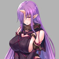 Rule 34 | 1girl, bare shoulders, blush, breasts, chain, cleavage, covered erect nipples, demon girl, female focus, horns, huge breasts, lilith-soft, long hair, looking at viewer, nimie, no bra, pointy ears, purple eyes, purple hair, saijou satoru, shiny skin, sideboob, simple background, single horn, solo, sweater, taimanin (series), taimanin asagi, taimanin asagi kessen arena, upper body
