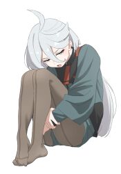 Rule 34 | 1girl, ahoge, asticassia school uniform, back-seamed legwear, brown pantyhose, commentary request, feet, front-seamed legwear, green jacket, green shorts, grey eyes, grey hair, gundam, gundam suisei no majo, hair between eyes, highres, hugging own legs, jacket, knees up, legs, long hair, miorine rembran, no shoes, open mouth, pantyhose, pantyhose under shorts, school uniform, seamed legwear, short shorts, shorts, simple background, sincos, sitting, solo, swept bangs, toes, white background