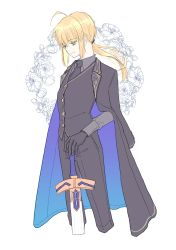 Rule 34 | 1girl, ahoge, artoria pendragon (all), artoria pendragon (fate), black cape, black gloves, black necktie, black pants, black vest, blonde hair, cape, cropped legs, excalibur (fate/stay night), fate/zero, fate (series), flower wreath, gloves, green eyes, grey shirt, highres, long sleeves, necktie, pants, ponytail, roku (ntbr fate), saber (fate), shirt, sidelocks, solo, vest, white background, wreath