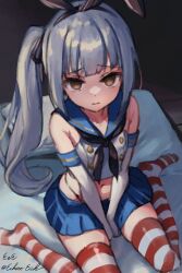 Rule 34 | 1girl, artist name, black hairband, black neckerchief, black panties, blue sailor collar, blue skirt, blunt bangs, brown eyes, cosplay, crop top, eckert&amp;eich, elbow gloves, empty eyes, futon, gloves, grey hair, hairband, highleg, highleg panties, highres, kantai collection, kasumi (kancolle), long hair, looking at viewer, microskirt, miniskirt, neckerchief, one-hour drawing challenge, panties, pillow, pleated skirt, sailor collar, shimakaze (kancolle), shimakaze (kancolle) (cosplay), shirt, side ponytail, sitting, skirt, sleeveless, sleeveless shirt, solo, striped clothes, striped thighhighs, thighhighs, twitter username, underwear, v arms, wariza, white gloves
