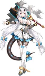 Rule 34 | 1girl, artist request, axe, blue bow, blue bowtie, blue nails, boots, bow, bowtie, bracelet, breasts, cleavage cutout, clothing cutout, covered navel, crossed legs, cuffs, detached sleeves, dress, epic seven, full body, garter straps, hand up, holding, holding axe, horns, jewelry, large breasts, long hair, looking at viewer, nail polish, official art, open mouth, over shoulder, pantyhose, pointy ears, red eyes, shackles, simple background, solo, standing, tail, thigh boots, thighhighs, third-party source, transparent background, twintails, very long hair, weapon, weapon over shoulder, white hair, yufine (epic seven)
