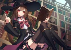 Rule 34 | 1girl, absurdres, animal ears, animal hat, black footwear, black hat, black jacket, black shorts, black skirt, book, bookshelf, boots, bow, brown hair, brown thighhighs, cat ears, center frills, closed mouth, collared shirt, crossed legs, fake animal ears, frills, hand up, hat, highres, hinata (user rjkt4745), holding, holding book, hood, hood down, hooded jacket, jacket, knee boots, layered skirt, library, long hair, nail polish, open book, original, pink bow, pleated skirt, polka dot, polka dot legwear, red eyes, red nails, shirt, short shorts, shorts, shorts under skirt, skirt, smile, solo, thighhighs, thighhighs under boots, white shirt, witch, witch hat