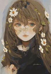 Rule 34 | 1girl, black dress, blue eyes, blush, brown hair, commentary request, dress, expressionless, flower, grey background, hair between eyes, hair flower, hair ornament, highres, long hair, looking to the side, orie h, original, signature, sketch, solo, upper body