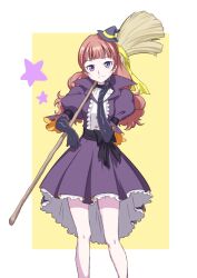 Rule 34 | 1girl, amanogawa kirara, black gloves, broom, brown hair, commentary request, dress, elbow gloves, eyelashes, gloves, go! princess precure, happy, hat, highres, holding, holding broom, long hair, looking at viewer, matatabi (karukan222), mini hat, mini witch hat, precure, purple eyes, smile, solo, standing, twintails, witch, witch hat