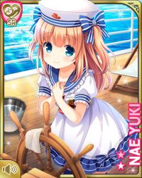 Rule 34 | 1girl, blue eyes, bow, brown hair, bucket, character name, cloth, day, deck, dress, girlfriend (kari), hair bow, hands on own chest, hat, long hair, ocean, official art, outdoors, own hands together, qp:flapper, ribbon, sailor collar, sailor dress, ship&#039;s wheel, solo, two side up, white dress, white hat, yuuki nae