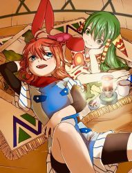 Rule 34 | 1boy, 1girl, ass, closed mouth, feena (grandia), grandia, grandia i, green eyes, green hair, hair ornament, hair tubes, jewelry, justin (grandia), long hair, midriff, necklace, open mouth, skirt, smile, thighhighs, yugingo