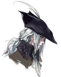 Rule 34 | 1girl, ascot, bloodborne, closed mouth, collar, collared jacket, from side, gem, green eyes, hat, hat feather, highres, jacket, jewelry, lady maria of the astral clocktower, long hair, pilgrim (silentreverie), ponytail, simple background, solo, the old hunters, tricorne, white background, white hair