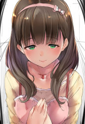 Rule 34 | 10s, 1girl, apron, blush, bow, brown hair, close-up, collarbone, green eyes, hair bow, half-closed eyes, hands on own chest, heart, heart-shaped pupils, idolmaster, idolmaster cinderella girls, isshiki (ffmania7), jewelry, long sleeves, looking at viewer, necklace, own hands together, pink bow, sakuma mayu, shirt, smile, solo, symbol-shaped pupils, upper body, yellow shirt