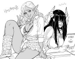 Rule 34 | 2girls, amesuku gyaru, bad id, bb (baalbuddy), bracelet, breasts, cleavage, clothes around waist, collared shirt, commentary, dark-skinned female, dark elf, dark skin, demon girl, demon horns, demon wings, desk, earrings, elf, english commentary, english text, fanfic, fingernails, fujoshi, greyscale, gyaru, hand up, heart, highres, holding, horns, inactive account, jacket, jacket around waist, jewelry, kogal, large breasts, laughing, leg warmers, long hair, long sleeves, looking at viewer, miniskirt, monochrome, multiple girls, necklace, on desk, open clothes, open shirt, original, pleated skirt, pointy ears, shirt, shoes, simple background, sitting, on desk, skirt, smile, track jacket, v, white background, wing collar, wings