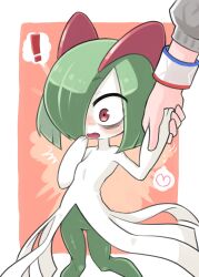 Rule 34 | !, 1girl, bags under eyes, colored skin, creatures (company), dynamax band, game freak, gen 3 pokemon, gloria (pokemon), green hair, hair over one eye, heart, highres, holding hands, horns, ino (tellu0120), kirlia, multicolored skin, nintendo, open mouth, out of frame, pink background, pink eyes, pokemon, pokemon (creature), pokemon swsh, sidelocks, simple background, square, sweater, two-tone skin, white skin