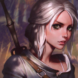 Rule 34 | 1girl, chromatic aberration, ciri, green eyes, half updo, ilya kuvshinov, lips, looking at viewer, parted lips, realistic, scar, short hair, silver hair, smile, solo, sword, the witcher (series), the witcher 3, upper body, weapon