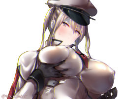 Rule 34 | 1girl, :/, bad id, bad pixiv id, black gloves, blonde hair, blush, breasts, capelet, chromatic aberration, closed mouth, commentary request, covered erect nipples, cross, deep skin, eyelashes, from below, gloves, graf zeppelin (kancolle), hair between eyes, half-closed eyes, hands up, hat, head tilt, high collar, iron cross, juurouta, kantai collection, large breasts, long hair, long sleeves, looking at viewer, looking down, military, military uniform, necktie, parted bangs, peaked cap, red necktie, short necktie, sidelocks, simple background, solo, twintails, twitter username, uniform, upper body, white background, white capelet