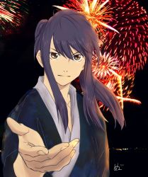 Rule 34 | 00s, 1boy, aerial fireworks, fireworks, foreshortening, japanese clothes, kimono, long hair, looking at viewer, male focus, megupeita, night, night sky, outstretched hand, photo background, ponytail, purple hair, sidelocks, signature, sky, solo, tales of (series), tales of vesperia, upper body, yukata, yuri lowell