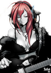 Rule 34 | 1girl, breasts, cigarette, cleavage, electric guitar, guitar, instrument, jewelry, jinbei, long hair, medium breasts, megurine luka, necklace, pink hair, ring, grey eyes, smiking, smoking, solo, vocaloid