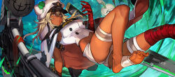 Rule 34 | 1girl, ass, bandaged arm, bandages, blonde hair, breasts, clover, dark-skinned female, dark skin, fingerless gloves, floating, floating object, floating sword, floating weapon, four-leaf clover, gloves, guilty gear, guilty gear strive, hair between eyes, hungry clicker, long hair, looking at viewer, lucifero (guilty gear), medium breasts, orange eyes, ramlethal valentine, red bandage, short shorts, shorts, sword, thigh strap, weapon, white headwear, white shorts