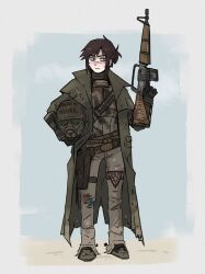 Rule 34 | 1girl, ar-15, assault rifle, bandolier, belt, black gloves, black hair, body armor, brown coat, brown pants, coat, courier (fallout new vegas), denim, fallout (series), fallout: new vegas, frown, gas mask, gloves, gun, handkerchief, helmet, highres, holding, holding gun, holding weapon, holster, jeans, long sleeves, mask, no headwear, open clothes, open coat, pants, pip boy, ponytail, red eyes, rifle, schellergheist, service weapon, short hair, solo, spurs, trench coat, unworn headwear, weapon