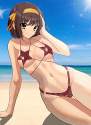 Rule 34 | 1girl, arm support, beach, bikini, bow, breasts, brown hair, hair bow, hand on own face, highres, large breasts, legs, looking at viewer, navel, ocean, seductive smile, short hair, smile, solo, suzumiya haruhi, suzumiya haruhi no yuuutsu, swimsuit, thick thighs, thighs, thong bikini, toned, water, yellow eyes