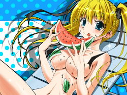 Rule 34 | 1girl, :p, blonde hair, blue eyes, breasts, celes alford, chokotto! fandisk, eating, food, fruit, game cg, hair ribbon, holding, holding food, holding fruit, long hair, messy, natsumegu, nude, polka dot, ribbon, seed, solo, tongue, tongue out, twintails, watermelon