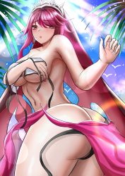 Rule 34 | 1girl, absurdres, akizuki maki, ass, bare shoulders, bikini, blush, breasts, butt crack, covering privates, covering breasts, embarrassed, from behind, genshin impact, habit, highres, huge ass, large breasts, looking at viewer, looking down, multicolored hair, nun, habit, open mouth, purple eyes, purple hair, red hair, rosaria (genshin impact), sarong, shiny skin, short hair, solo, sun glare, swimsuit, wardrobe malfunction
