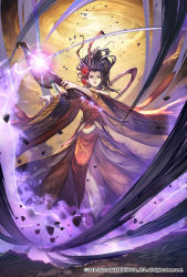 Rule 34 | 1girl, absurdres, black hair, flower, hair flower, hair ornament, hide (hideout), highres, holding, holding weapon, japanese clothes, kimono, long hair, looking at viewer, obi, official art, purple eyes, romancing saga re;universe, sash, solo, weapon, wide sleeves