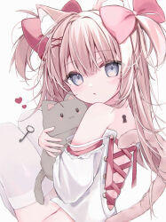 Rule 34 | 1girl, absurdres, animal ears, blonde hair, bow, cat, cat ears, cat girl, cat tail, grey eyes, grey fur, hair bow, hairpin, half updo, heart, highres, long hair, looking at viewer, multiple hair bows, multiple hairpins, off-shoulder shirt, off shoulder, original, parted lips, pink ribbon, pink skirt, ribbon, shirt, short twintails, skirt, tail, thighhighs, twintails, white background, white shirt, yuki (yuki no 42)