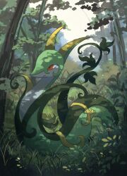 Rule 34 | blurry, blurry background, colored skin, creatures (company), forest, game freak, gen 5 pokemon, grass, green skin, highres, nature, nintendo, no humans, outdoors, plant, pokemon, pokemon (creature), red eyes, serperior, snake, solo, vines, volpecorvo