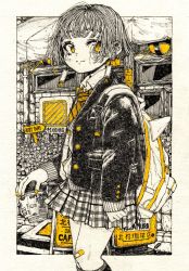 Rule 34 | 1girl, backpack, bag, bandaid, bandaid on knee, bandaid on leg, border, collared shirt, drink, earrings, greyscale, highres, holding, holding drink, jewelry, kitamurashu, long sleeves, looking at viewer, monochrome, nail polish, necktie, original, outside border, plaid, plaid skirt, shirt, short hair, skirt, sleeves past wrists, smile, solo, spot color, striped necktie, striped neckwear, white bag, white border, white shirt, yellow eyes, yellow nails, yellow necktie