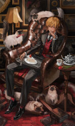Rule 34 | 1boy, armchair, black footwear, black jacket, black necktie, black pants, black suit, blonde hair, book, book stack, braid, butler, cake, cake slice, carpet, cat, cellphone, chair, crossed bangs, cuff links, cup, flower, food, fork, formal, full body, hair between eyes, head rest, highres, holding, holding fork, indoors, jacket, lamp, long sleeves, looking at viewer, male focus, nana tetra, necktie, original, painting (object), pants, phone, pinky ring, pocket watch, portrait (object), ragdoll (cat), red flower, red socks, red tulip, red vest, saucer, shirt, shoes, short hair, side braid, sitting, smartphone, socks, solo, strawberry shortcake, suit, table, tailcoat, tea, teacup, teapot, tray, tulip, vest, watch, white shirt